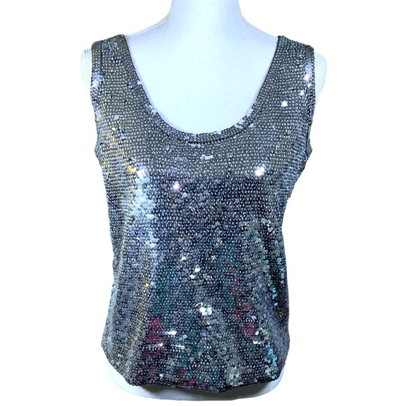 Eleanor P Brenner Sequin Tank Sparkling Scoop Neck Top Sleeveless Women Silver M - Picture 4 of 15